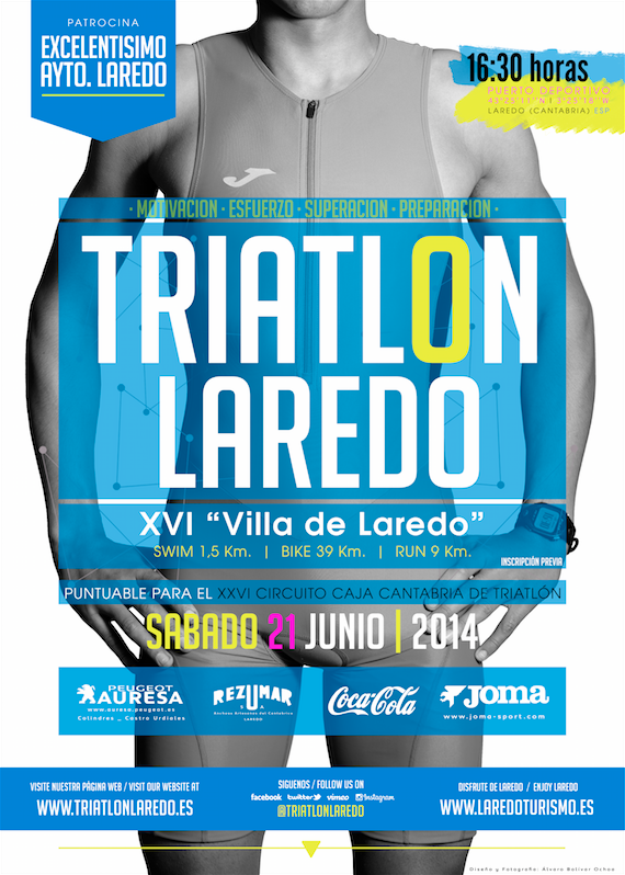 TriatlonLaredo's tweet photo. Cartel de la XVI Edición del Triatlón Villa de Laredo. Diseñado por @AlvaroBolivar8a http://t.co/Bqs6Qra3zS