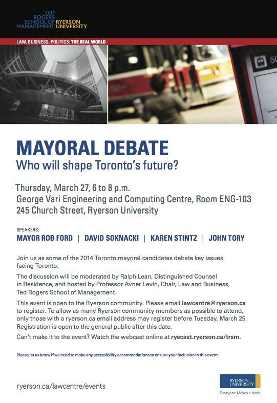 Details for tonight's Mayoral Debate at <a href="/RyersonU/">Ryerson University</a>! Tell your friends and get involved in! #mayorRU #TOpoli