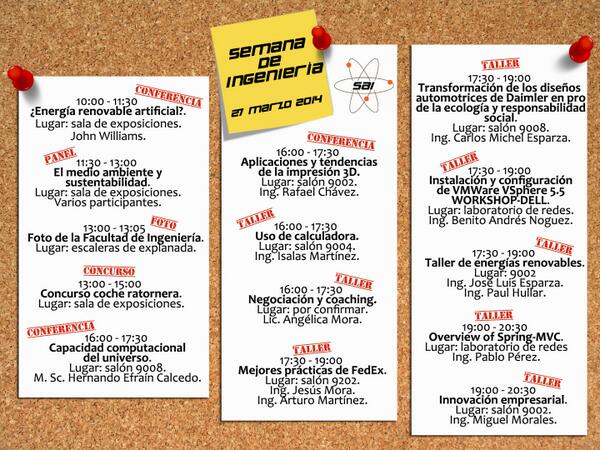 Lo prometido es deuda, aquí está el itinerario de la #SemanaDeIngeniería que tenemos para hoy ¡disfruten!