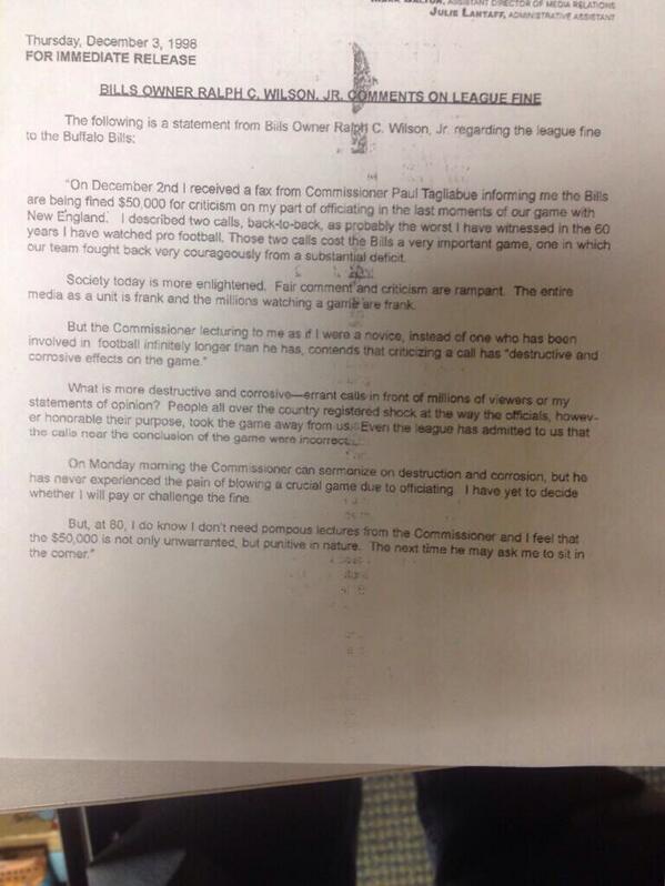 BillieversCom's tweet photo. A letter from a passionate Ralph Wilson to league for 50k fine in 1998 http://t.co/SOjXmhLOqF