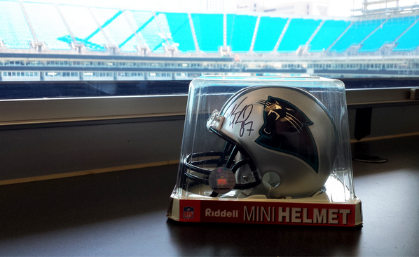 Panthers's tweet image. Followers who RT are eligible to win a vintage mini-helmet signed by Muhsin Muhammad! Random winner chosen at 7PM.