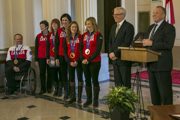 Minister Ron Lemieux welcomes <a href="/TeamJJonesCurl/">Team Jennifer Jones</a> and <a href="/thiessen_dennis/">Dennis Thiessen</a> into the Order of the Buffalo Hunt. #mbpride