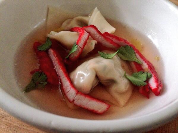 tonights dinner at chez croteau: homemade chicken wonton soup with bbq pork