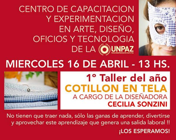 El 16/04 a las 13 Hs 1º Taller del año: "COTILLON EN TELA" a cargo de la diseñadora Cecilia Sonzini. Los Esperamos!
