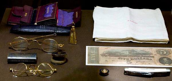 Here are contents of President Abraham Lincoln's pockets as he sat at Ford's Theatre 149 years ago this week: #LOC