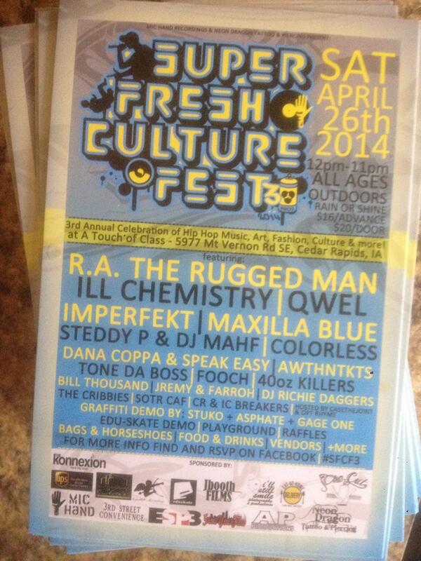 Get your tix for Super Fresh Culture Fest 3 feat <a href="/RAtheRuggedMan/">R.A. the Rugged Man</a> <a href="/MC_imperfekt/">imperfekt</a> <a href="/MaxillaBlueCSR/">Maxilla Blue</a> &amp; others. 16$ presale