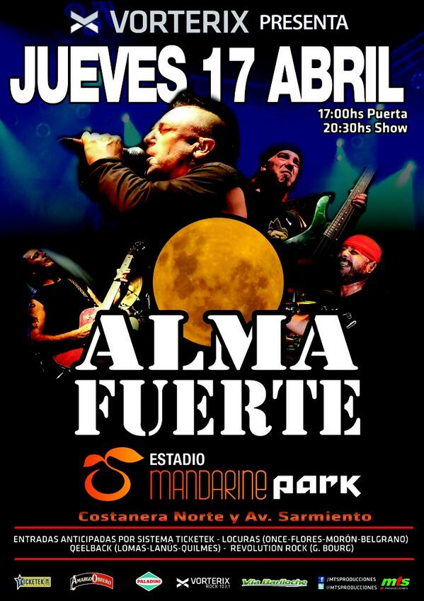 mtsproducciones's tweet photo. Si querés ir a ver a #Almafuerte el 17/04 en Mandarine Park, hacé RT de éste tweet y participá x 1 par de entradas! http://t.co/BkCeMaIpoW