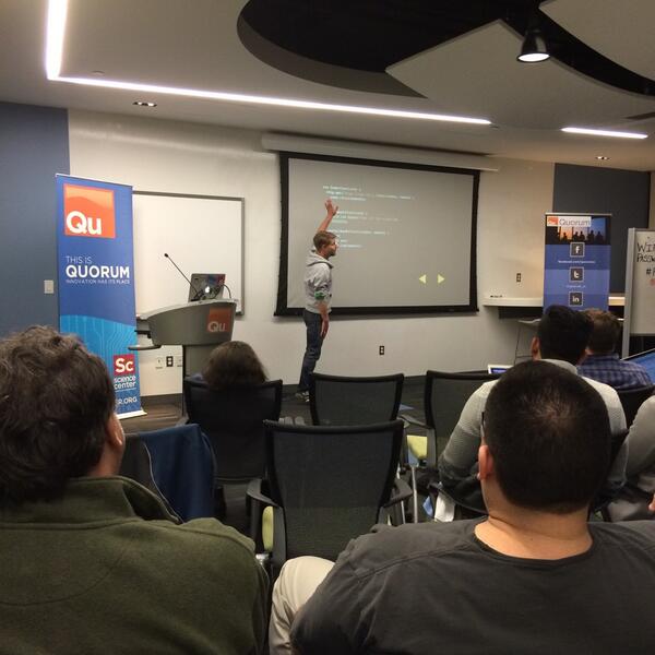 NodePhilly's tweet photo. Last pres of the night, @piscisaureus from @strongloop bringing us Node.js and Unicorns!!! http://t.co/QmB2QN8OWB