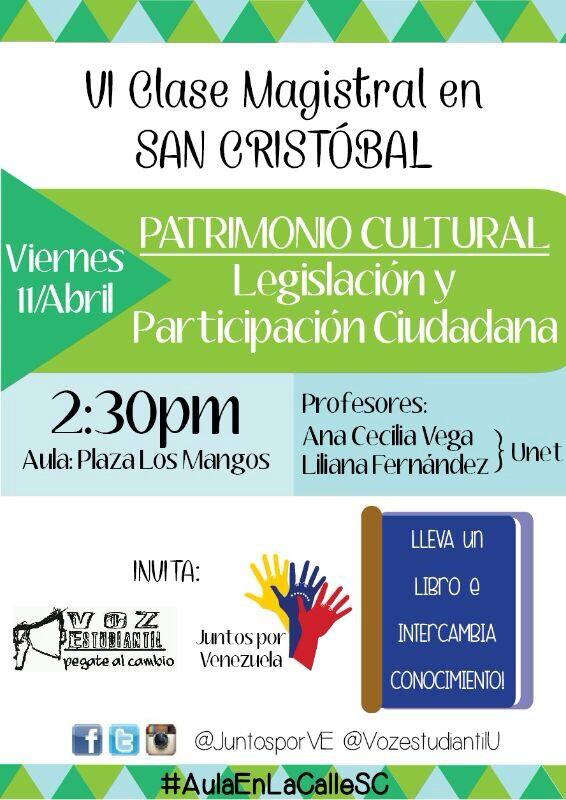 ReporteYa's tweet photo. #11A Agenda #Táchira Clase Magistral: Patrimonio Cultural en Plaza Los Mangos hora 2:30pm http://t.co/jvdRCnoYNe. Vía @PrayForVZLA_