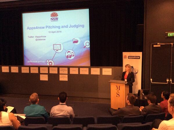 Dawn Routledge from DFS welcomes attendees to the #apps4nsw pitching &amp; judging event at Museum of Sydney @sydlivmus