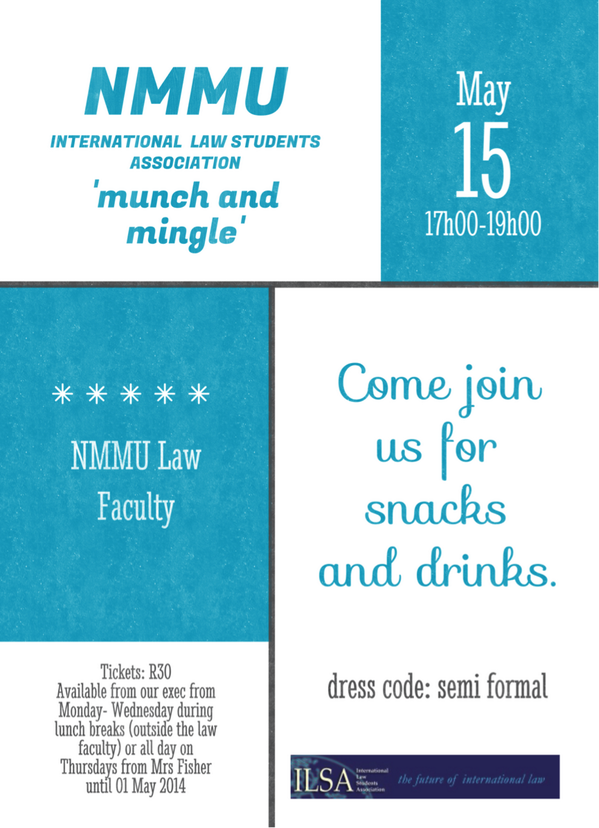 NMMUILSAChapter's tweet photo. Come and get tickets for ILSA 'Munch &amp; Mingle' ASAP :) http://t.co/fFIe6bkVYN