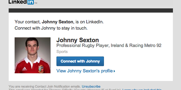 tom_dubhlinn's tweet photo. Nice email from @LinkedIn  this morning. #oneofthelads @Office_Zombie @cullen167 @niallmw http://t.co/8tJdQ1LNSj