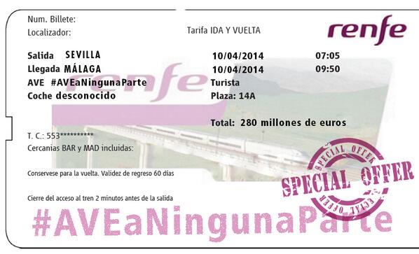 NNGG_SP's tweet photo. El precio del billete del AVE Sevilla- Málaga ya nos ha costado 280 millones de euros  #AVEaNingunaParte http://t.co/dVsiU5tAfR