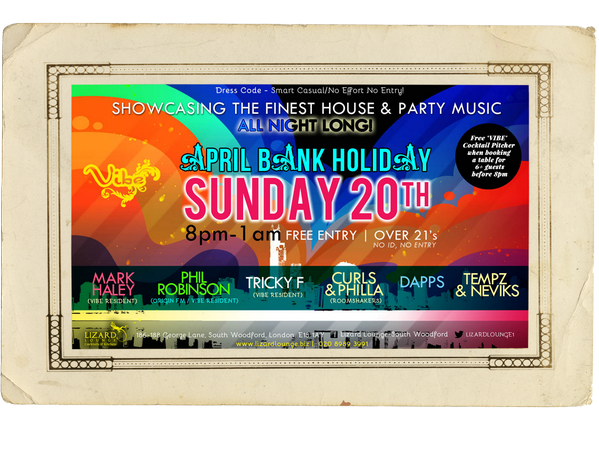 LIZARDLOUNGE1's tweet photo. The April Bank Holiday is not too far away. Come and spend it with us and the Vibe guys!  @MARKVIBE @dj_trickyf http://t.co/t6G1mdRMwa