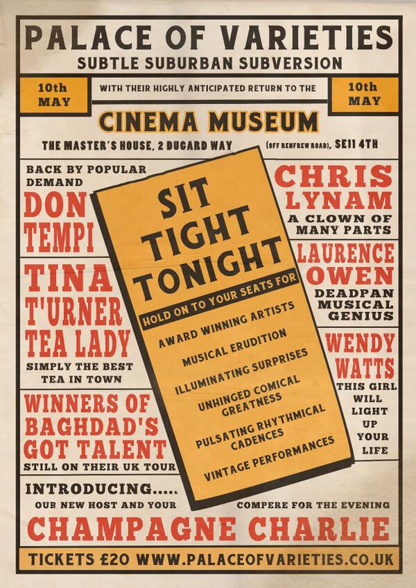 Back with a bang May 10th <a href="/CinemaMuseum/">The Cinema Museum</a> featuring @TinaTeaLady, dulcet delights of @LaurenceOwen, Chris Lynam &amp; more
