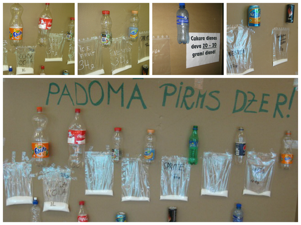 ZVskola's tweet photo. 6. klase šodien izveidoja stendu "Padomā pirms dzer", kurā labi redzams cukura daudzums dažādos dzērienos! http://t.co/PeKQ2gY6zZ