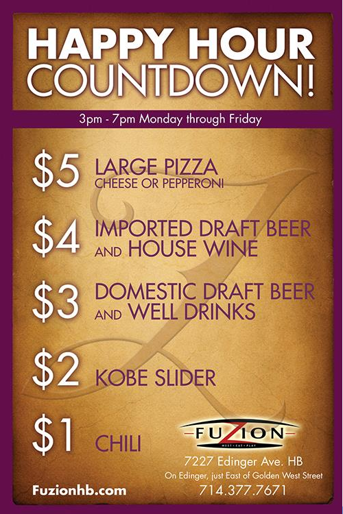 FuzionHB's tweet photo. Introducing the best Happy Hour in Orange County! Add it all up and it's just $15! THIS is how we Fuzion! http://t.co/9YGTtOzQ3q