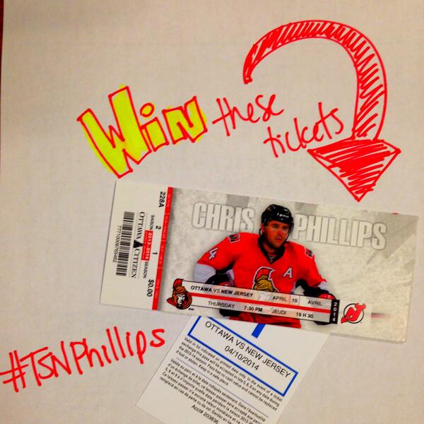 Extra pair of suite tix for the #Sens game tonite! Follow <a href="/TSN1200/">TSN 1200 Ottawa</a> + RT. Winner announced at 12noon. #TSNPhillips