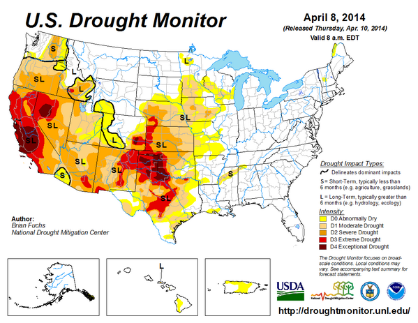 NOAANCEI's tweet image. Apr 8 #DroughtMonitor: moderate to exceptional drought covers 38.0% of contig U.S. drought.gov │