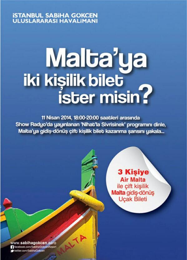 SabihaGokcen's tweet photo. Hey,  biz Air Malta ile Istanbul'u Malta'ya bağladık! Bu güzel adaya çift kişilik bilet kazanmak ister misin? http://t.co/GnZMwZlMIo
