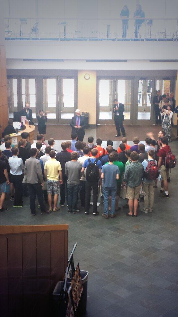 StOlafMEC's tweet photo. @StOlafPAC Viking Chorus greeting Newt Gingrich in Buntrock as the Spring Speaker! http://t.co/5V6UJhiRxJ