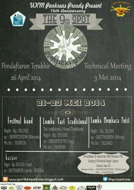 "<a href="/PankreasPNJ/">UKM Pankreas PNJ</a>: SPOT9 dgn tema "peace-let's prepare and show your passion" 21 s/d 23 mei 2014....daftaarr yuuukk :)