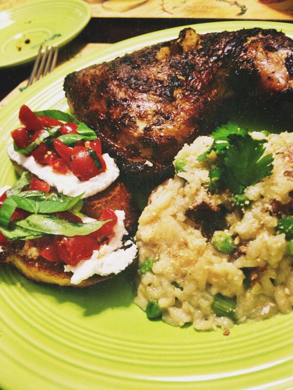 michelleaamor's tweet image. grilled chicken, asparagus &amp;amp; italian sausage risotto, honey-tomato bruschetta w/goat cheese. #chefgrind
