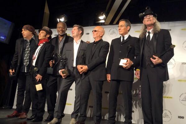 backstreetsmag's tweet photo. E Streeters, now R&amp;R Hall of Famers, with their trophies. #RRHOF @gwtallent @nilslofgren @loperdog @StevieVanZandt http://t.co/hLNYsS1xwe