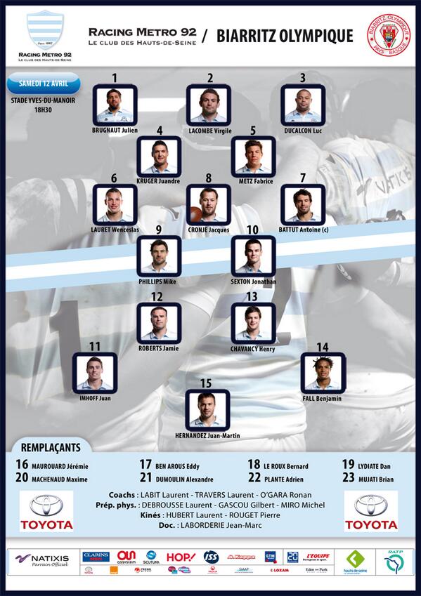 racing92's tweet photo. Avec un peu d'avance. @toyota_france vous présente le XV Ciel et Blanc qui affrontera Biarritz demain, 18h30. #RM92BO http://t.co/7fL8QeKhTg
