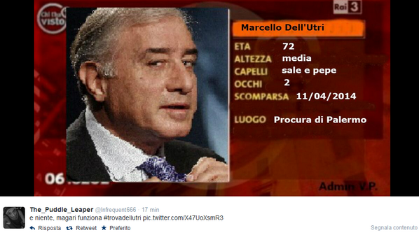 repubblica's tweet photo. Dell'Utri latitante, lo cerca anche Twitter con #trovadellutri [FOTO] http://t.co/SPNC4uNNzM http://t.co/5UYNoIZQS9