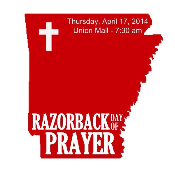 DJPUGHSR's tweet photo. Razorback Day of Prayer, 4-17-14, 7:30 a.m., Union Mall ... @UA4Student  @BoRenner @MartyMurad @CatholicHOGS http://t.co/uMvcGpqrf0