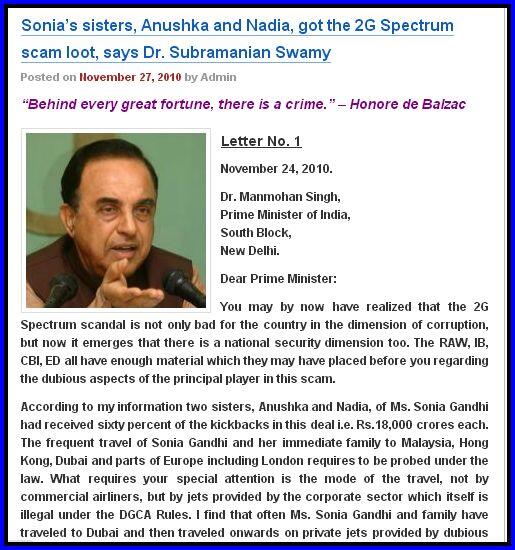 Sonias sisters, Anushka and Nadia, got the 2G Spectrum scam loot, says Dr. Subramanian Swamy  