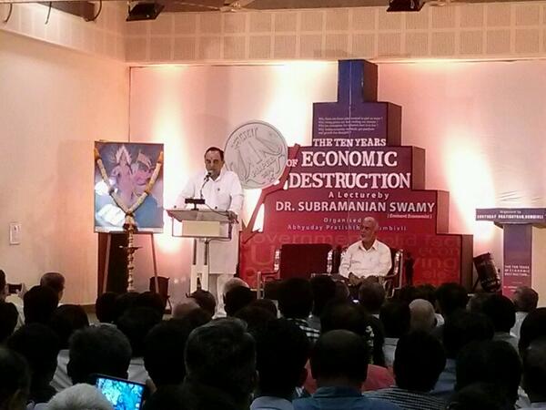 Listening to @Swamy39 speak at Dombivili on 'The 10 Years of Economic Destruction'. 
