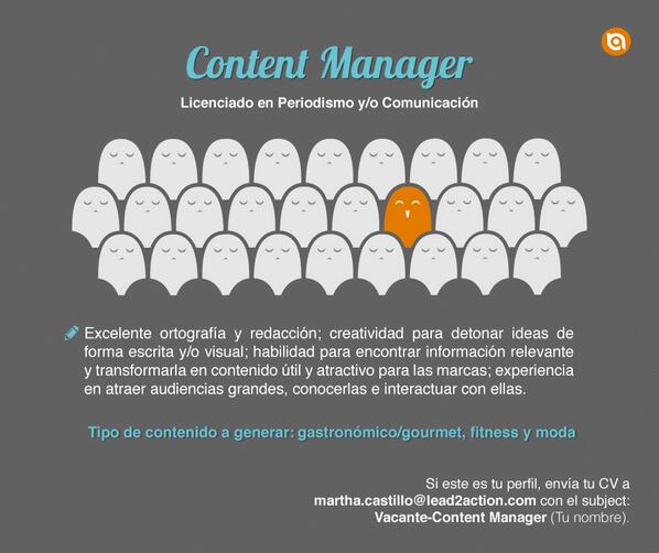 lead2action's tweet photo. En Lead2Action estamos buscando un Content Manager para redes sociales. https://t.co/m4zCMhohz9 http://t.co/x3jNkbzvYP