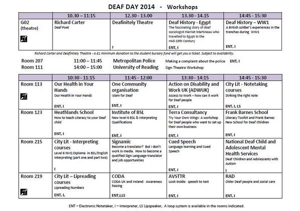 CityLitDeafEd's tweet photo. Deaf Day Workshops (FREE) &amp; Entertainment (£1 min donation to student bursary) Tickets available on the day! http://t.co/9VRUIOISkm