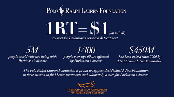 For every retweet, Polo Ralph Lauren FDN will donate $1 to <a href="/MichaelJFoxOrg/">michaeljfox.org</a> (up to$25K) in support of #Parkinsons