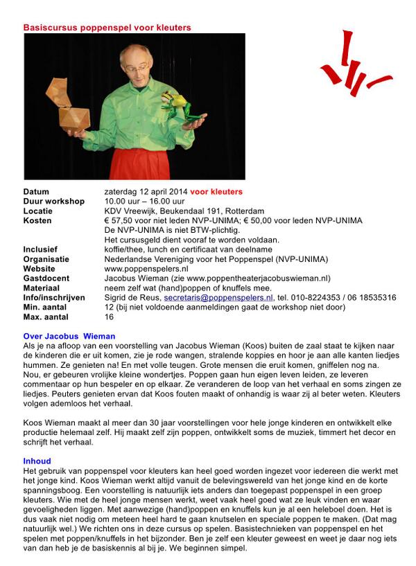 NVP_UNIMA's tweet photo. Werk je met jonge kinderen? 
12/4 workshop 'poppenspel voor kleuters' te R'dam. Incl. lunch/certificaat. Kom ook! http://t.co/WuDuCv18lJ