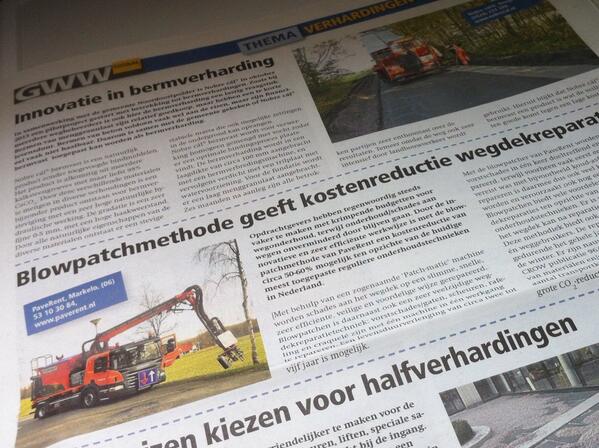 PaveRentNL's tweet photo. In thema Verhardingen (nr. 2, 2014) van GWWTotaal wederom een mooi artikel over blowpatchen van @PaveRentNL. #infra http://t.co/tP4ClptcxW