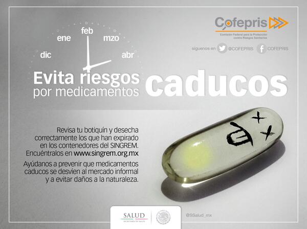 COFEPRIS's tweet photo. Desecha #MedicamentosCaducos correctamente. Encuentra contenedores cercanos en http://t.co/1ytNfxbifP http://t.co/c6D40pN7Jz