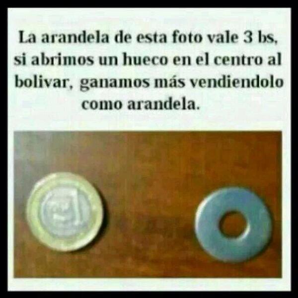 Usemistas's tweet photo. "La arandela de esta foto vale 3 BsF, si abrimos un hueco en el centro , ganamos más vendiéndolo como arandela" http://t.co/eHuMwOGlDI