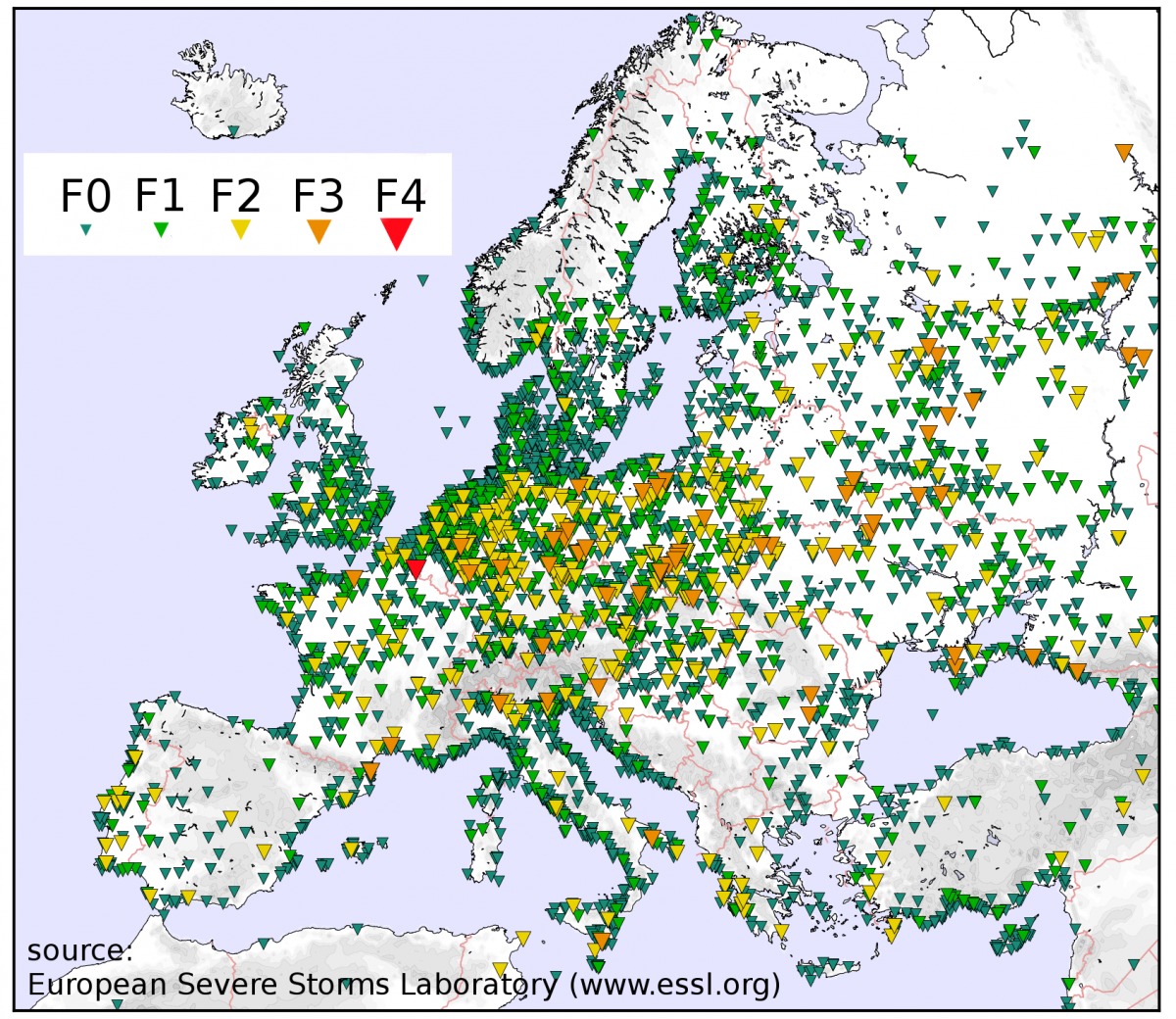 Mapa de la distribución de tornados en Europa