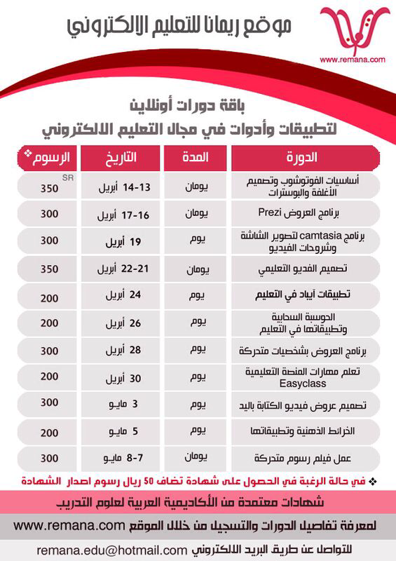 Remana1's tweet photo. #TDArab 
دورات التعليم الالكتروني عن بعد:Prezi|تطبيقات سحابية|فيديوتعليمي|عروض مصورة| وغيرها 
http://t.co/59U19CmylG http://t.co/VVO3rNGkEZ”