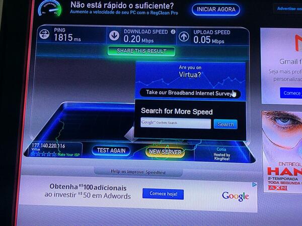 rogerioth's tweet image. Dias em que a #netcombo bate mais um recorde de lerdeza... 2 segundos de Ping! E 200kbps... Enquanto isso, o 4G da Oi