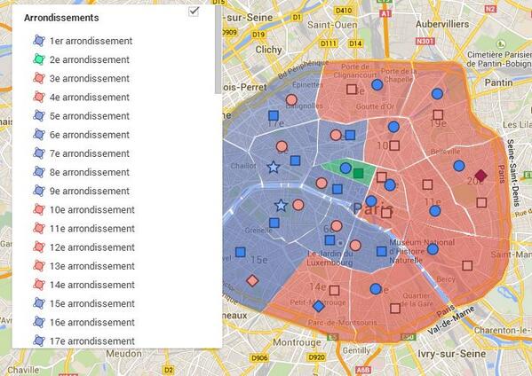 LeHuffPost's tweet photo. La carte des résultats du 2nd tour à Paris http://t.co/NOHpA3Lpi6 #Municipales2014 http://t.co/We2uHZ9B7M