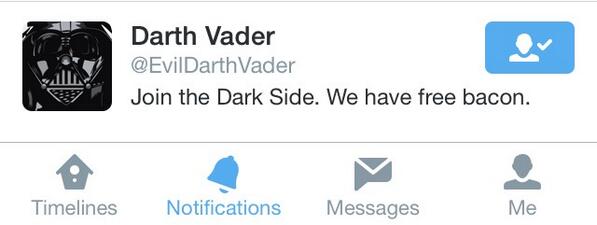 NerdSilk's tweet photo. @tashanzac @nickolleparret Check it out, the dark side has become even more tempting! Free Bacon!! @EvilDarthVader http://t.co/pvJSgpJuqE