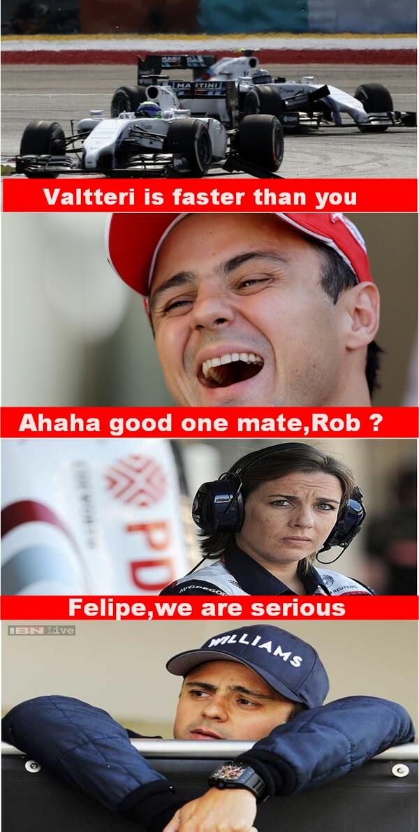 F1caps's tweet photo. There is nothing funny Felipe @MassaFelipe19 #F1caps #MalaysianGP "xxx is faster than you" vol2 @WilliamsRacing #F1 http://t.co/dsJ6f8xkQ4