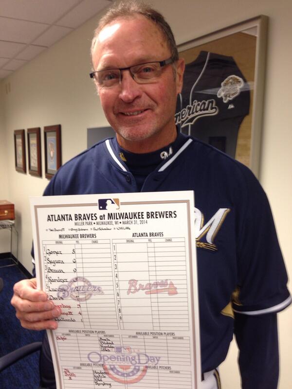 MikeVassallo13's tweet photo. I'm often asked who crafts the #Brewers' lineup each day with such fine penmanship. It's bench coach Jerry Narron! http://t.co/K6b6vT3Hkl