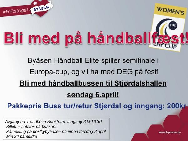 byaasenhandball's tweet photo. Bli med på "håndballfæst" på Stjørdal 6.april, når vi møter Zvezda Zvenigorod i semifinalen i Europa-cup! #Enforlaget http://t.co/9zuzInWraL