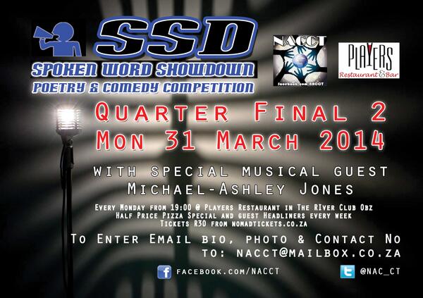 Tonight! <a href="/RiverClubBar/">Players Restaurant</a> <a href="/BMF1975/">Bradley Fourie</a> <a href="/NAC_CT/">Nomad Artiste Colony</a> <a href="/MissKikiPoetry/">Miss Kiki</a> <a href="/MelodyShevlane/">Melody Shevlane</a> <a href="/Eugene_Mathews/">Eugene 'Gina' Mathews 🇿🇦🏳️‍🌈</a> <a href="/AnnyDavis0071/">Anny Davis</a> <a href="/K_Cerff/">Keenan Cerff</a>