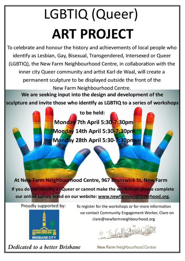 #NewFarm #Brisbane #Queensland 
#LGBT resident input sought for design of #LGBTIQ Artwork.
Thnx <a href="/brisbanecityqld/">Brisbane City</a> #gay